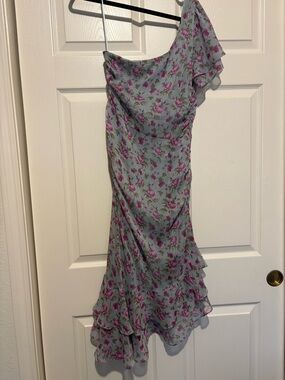 Astr One-Shoulder Floral Wedding Guest Dress in Light Blue and Pink